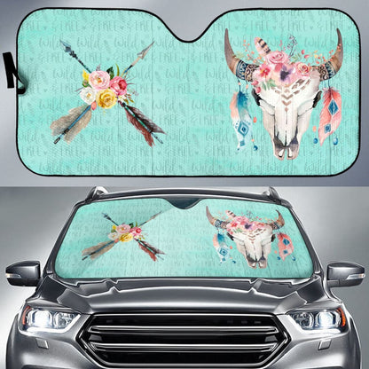 Turquoise Cow Skull Boho Wild And Free Car Auto Sun Shades