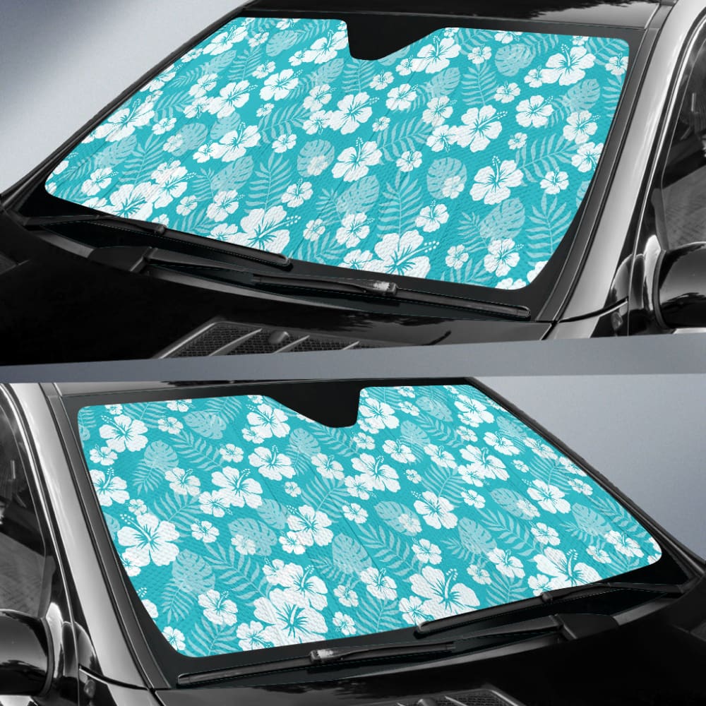 Teal Blue With White Hibiscus Hawaiian Flower Pattern Car Auto Sun Shades