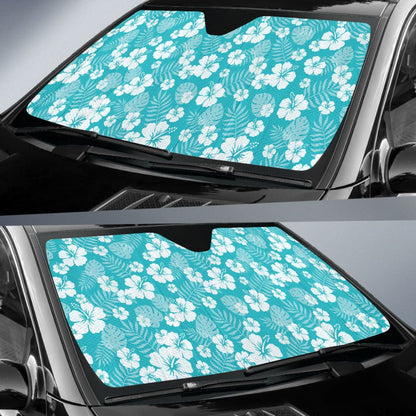 Teal Blue With White Hibiscus Hawaiian Flower Pattern Car Auto Sun Shades