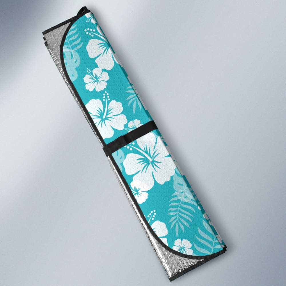 Teal Blue With White Hibiscus Hawaiian Flower Pattern Car Auto Sun Shades