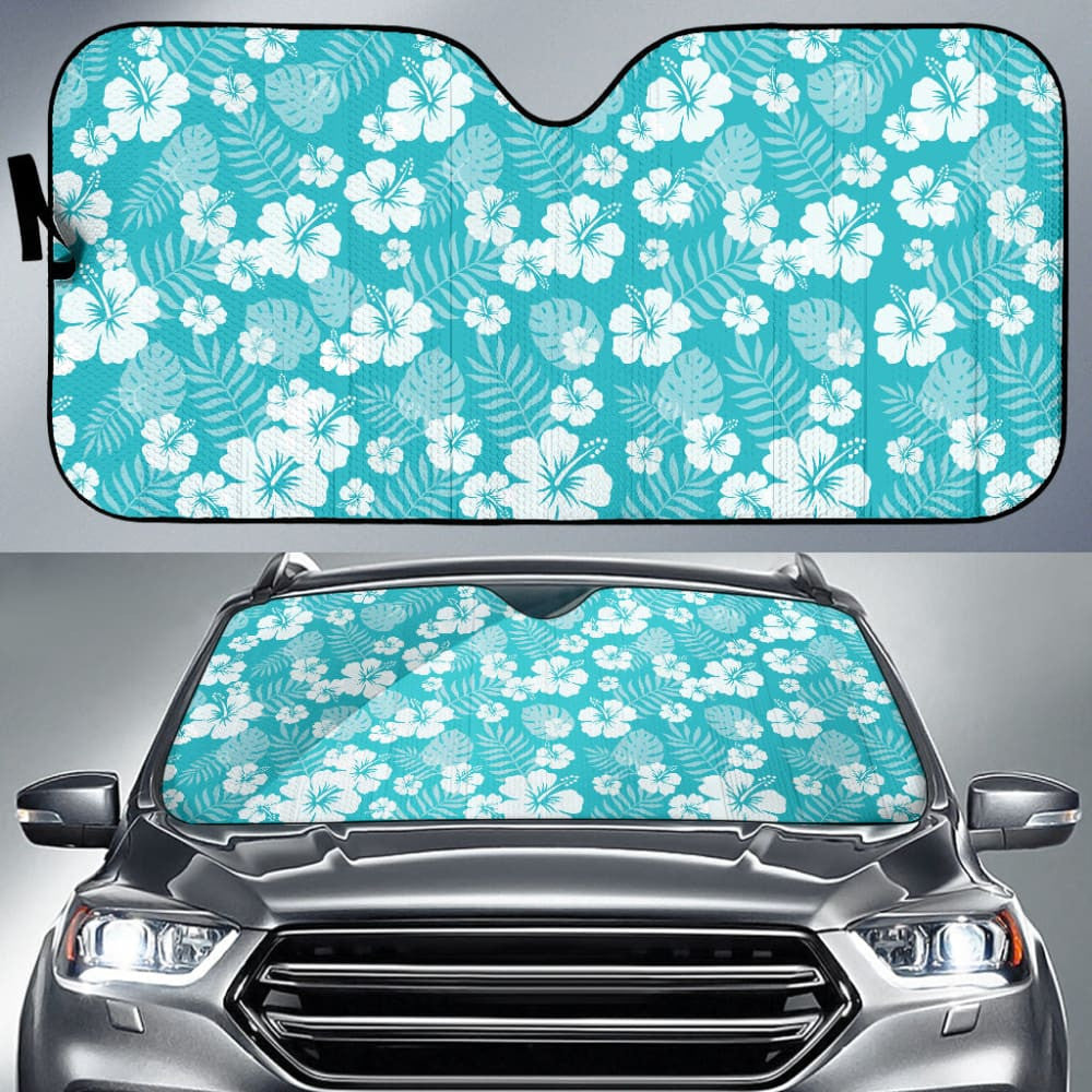 Teal Blue With White Hibiscus Hawaiian Flower Pattern Car Auto Sun Shades