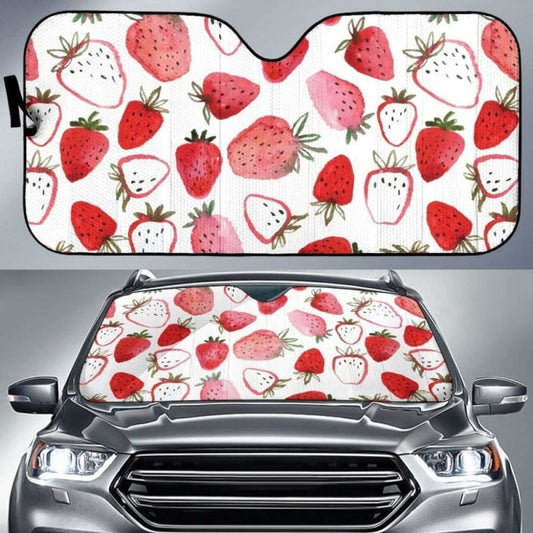Watercolor Hand Drawn Beautiful Strawberry Pattern Car Auto Sun Shades