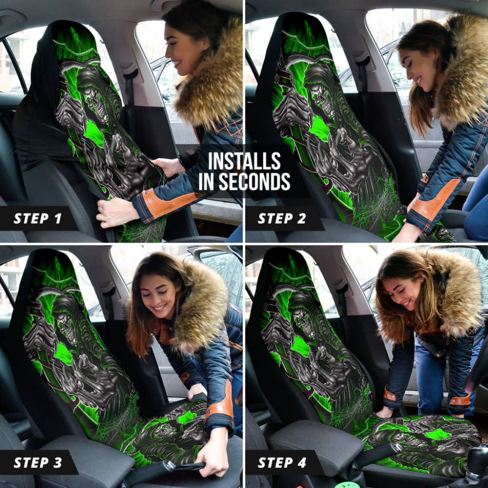 Gray And Green Gothic Skull Grim Reaper Car Seat Covers