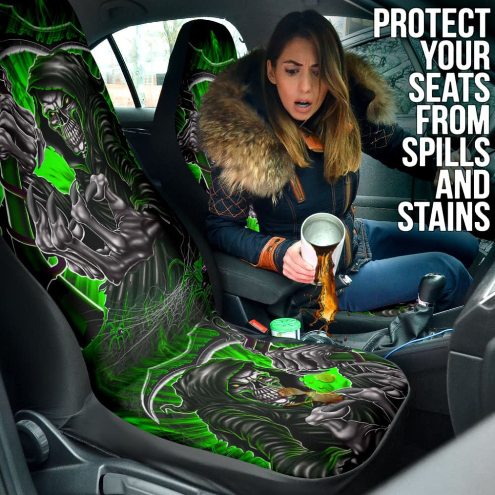 Gray And Green Gothic Skull Grim Reaper Car Seat Covers