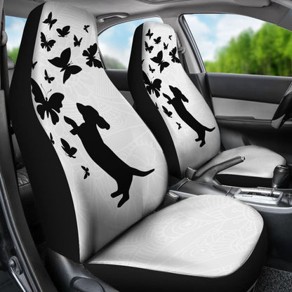 Silhouette Happy Dachshund Playing With Butterlies Car Seat Covers