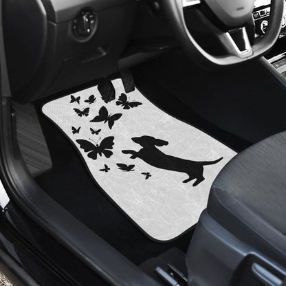 Silhouette Happy Dachshund Playing With Butterlies Car Floor Mats