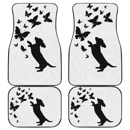 Silhouette Happy Dachshund Playing With Butterlies Car Floor Mats