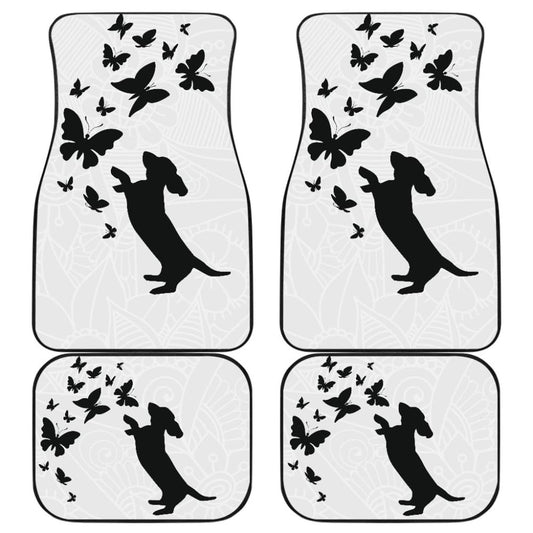 Silhouette Happy Dachshund Playing With Butterlies Car Floor Mats