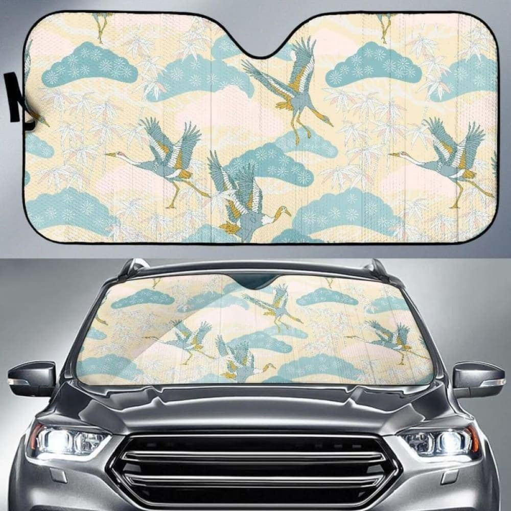 Bonsai Bamboo Stork Japanese Pattern Cream Theme Car Auto Sun Shades