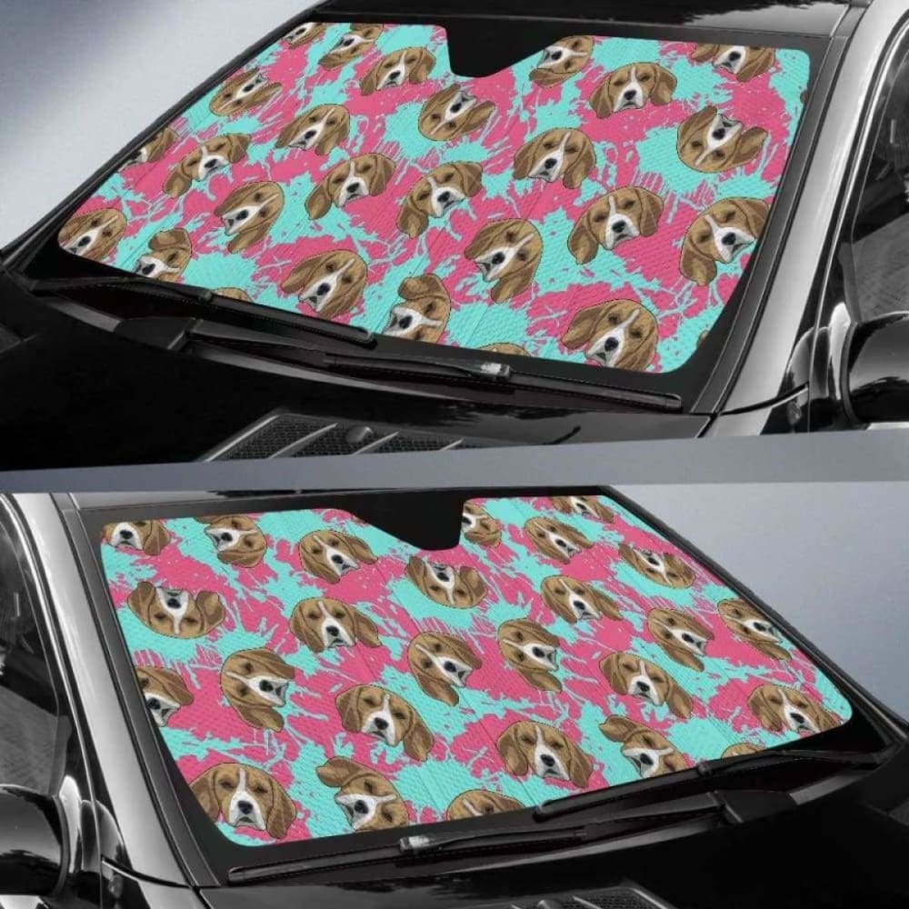 Beagle Muzzles Turquoise Paint Splashes Pink Pattern Car Auto Sun Shades