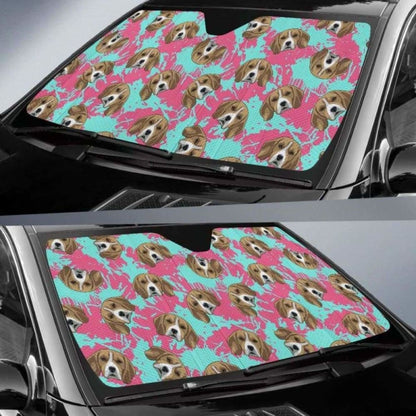 Beagle Muzzles Turquoise Paint Splashes Pink Pattern Car Auto Sun Shades
