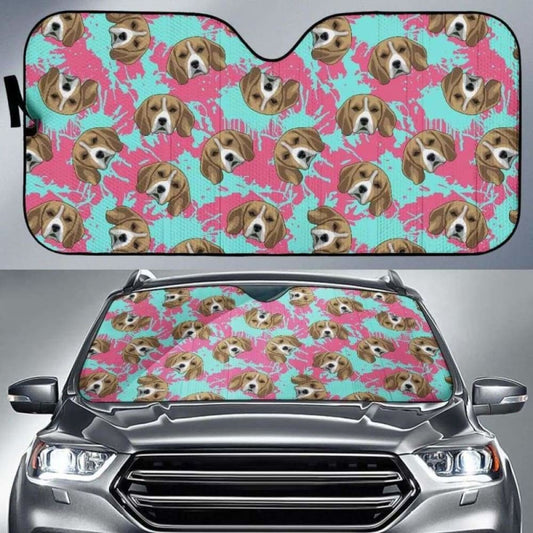Beagle Muzzles Turquoise Paint Splashes Pink Pattern Car Auto Sun Shades
