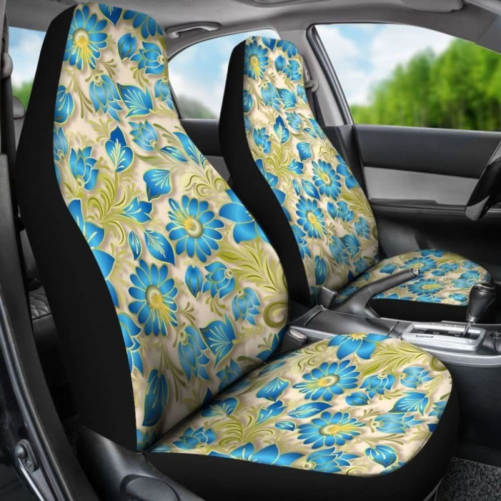 Retro Blue Flowers On Light Tan Car Seat Covers