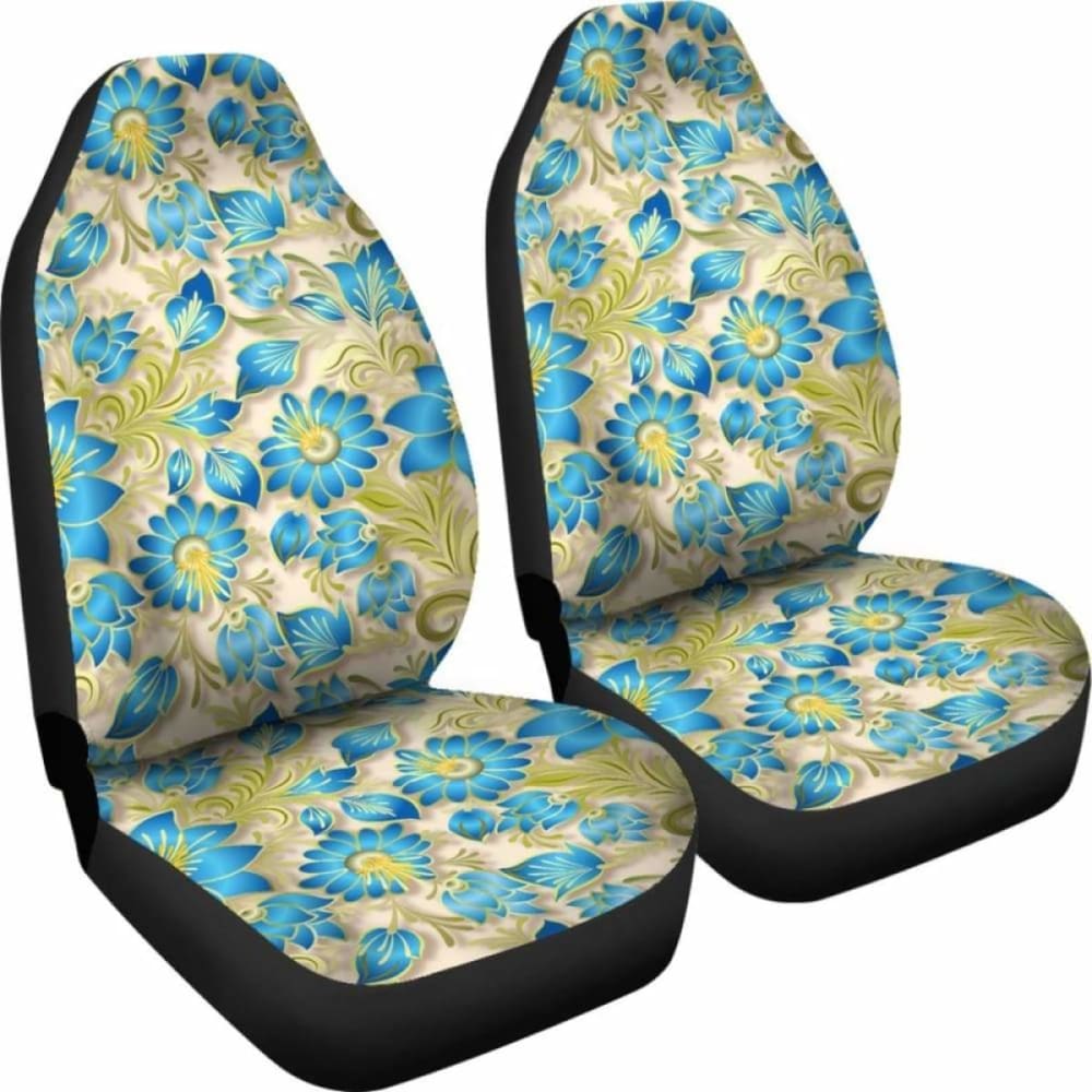 Retro Blue Flowers On Light Tan Car Seat Covers
