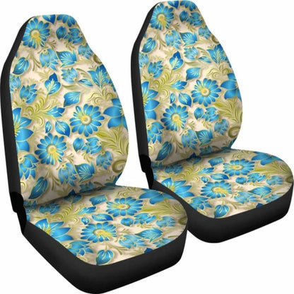 Retro Blue Flowers On Light Tan Car Seat Covers