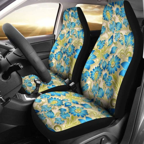 Retro Blue Flowers On Light Tan Car Seat Covers