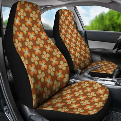 Brown With Retro Orange And Green Flower Pattern Car Seat Covers