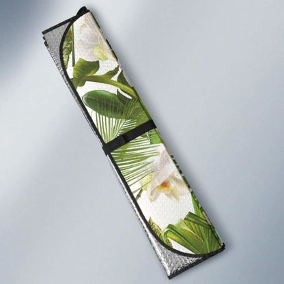 White Orchid Flower Tropical Leaves Pattern Car Auto Sun Shades