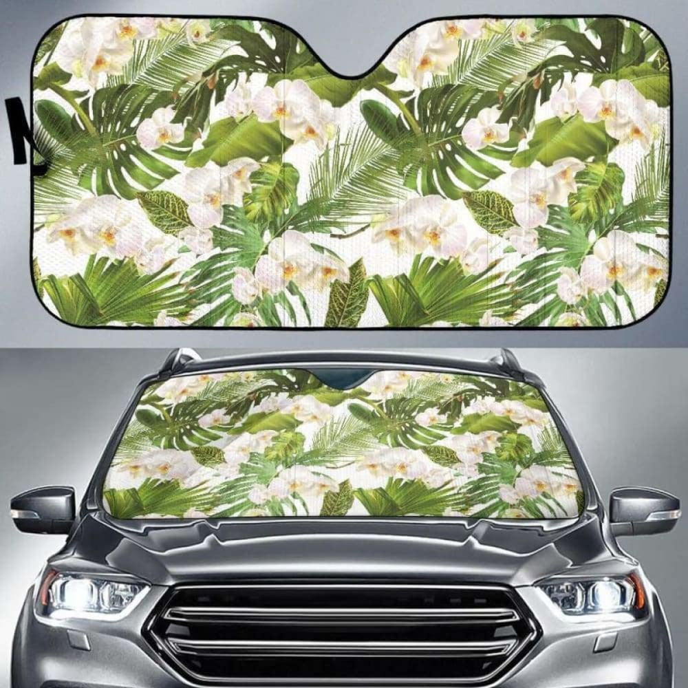 White Orchid Flower Tropical Leaves Pattern Car Auto Sun Shades