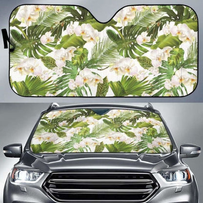 White Orchid Flower Tropical Leaves Pattern Car Auto Sun Shades