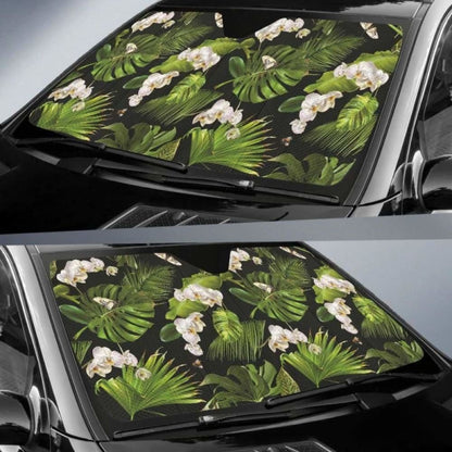 White Orchid Flower Tropical Leaves Pattern Blackground Car Auto Sun Shades