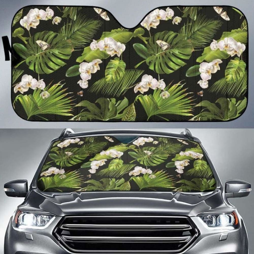 White Orchid Flower Tropical Leaves Pattern Blackground Car Auto Sun Shades