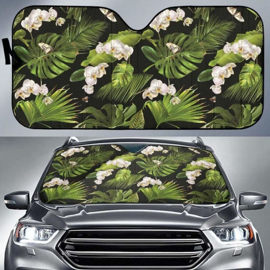 White Orchid Flower Tropical Leaves Pattern Blackground Car Auto Sun Shades