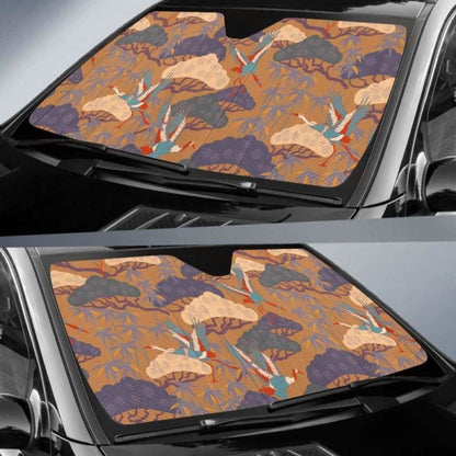 Bonsai Bamboo Stork Japanese Pattern Brown Theme Car Auto Sun Shades