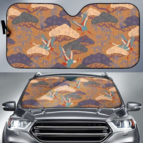 Bonsai Bamboo Stork Japanese Pattern Brown Theme Car Auto Sun Shades