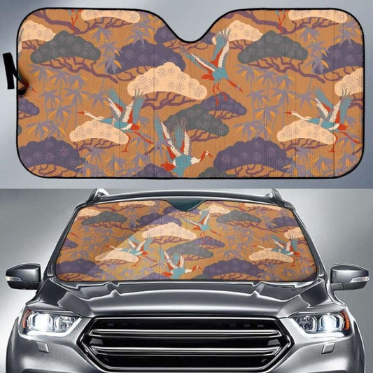 Bonsai Bamboo Stork Japanese Pattern Brown Theme Car Auto Sun Shades
