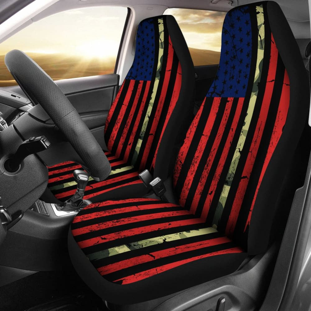 Red Themed American Flag Thin Green Line Car Seat Covers