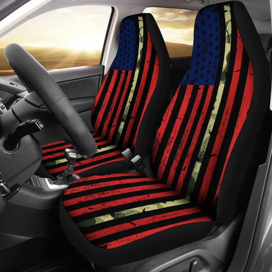 Red Themed American Flag Thin Green Line Car Seat Covers