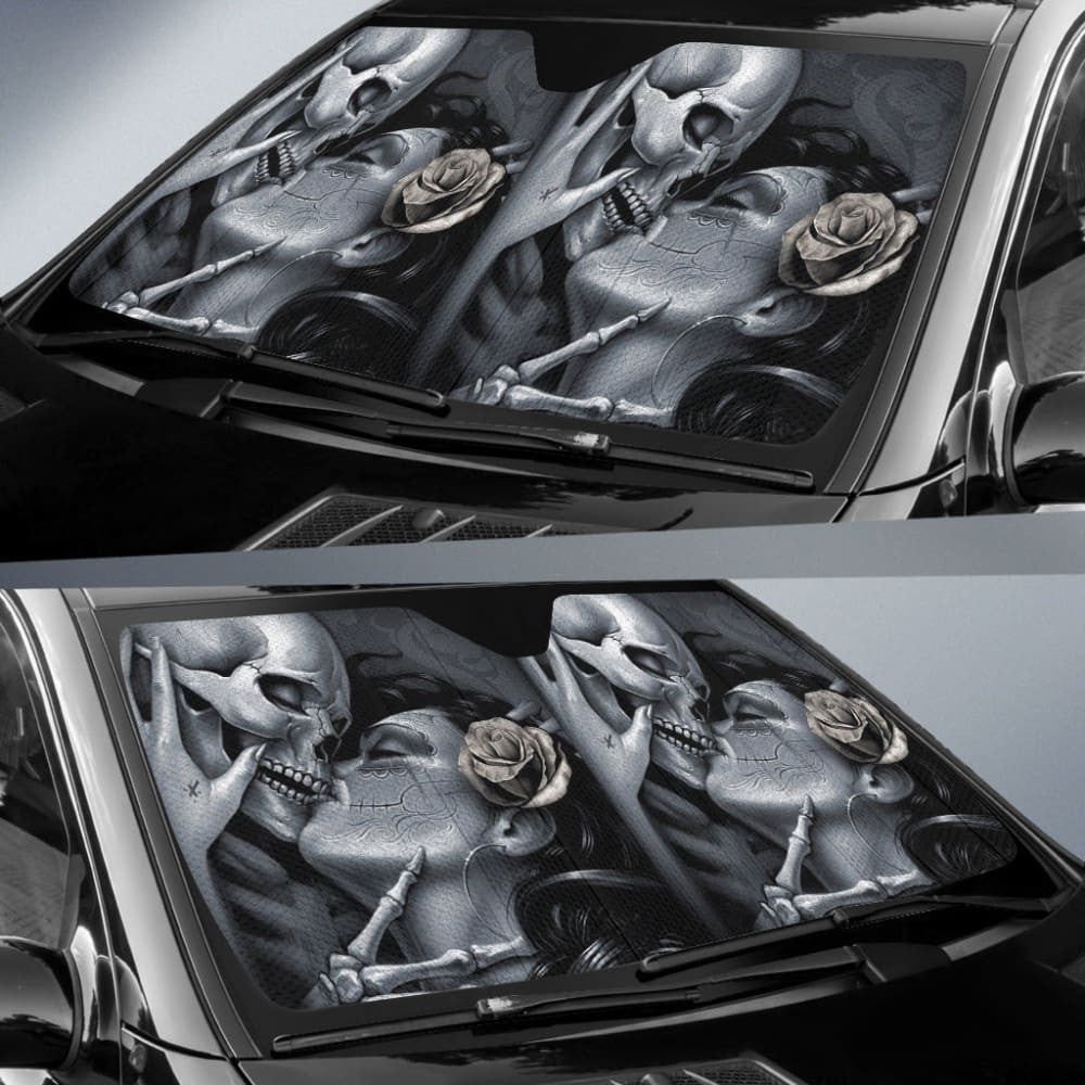 The Lovers King And Queen Kissing Skulls Skeletons Car Auto Sun Shades