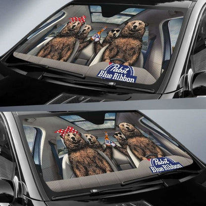 Family Bear Drink Beer Pabst Blue Ribbon Car Sun Shade Funny