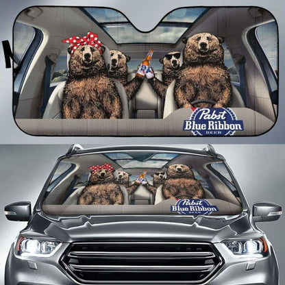 Family Bear Drink Beer Pabst Blue Ribbon Car Sun Shade Funny