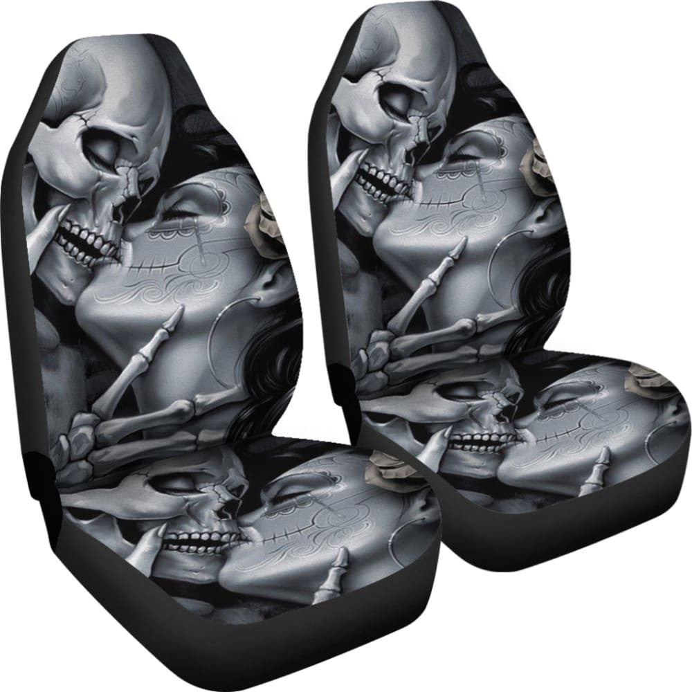 The Lovers King And Queen Kissing Skulls Skeletons Car Seat Covers