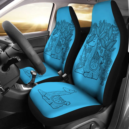 Blue Llama Pattern On Boho Flower Background Car Seat Covers