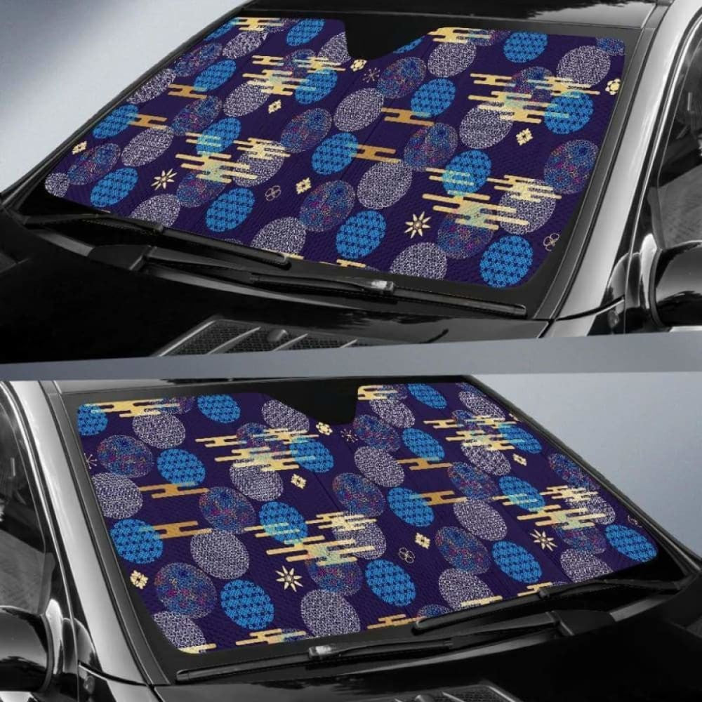 Blue Japanese Pattern Cloud Wave Flower Car Auto Sun Shades