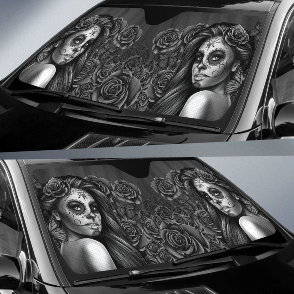 Calavera Girl - Black and White - Auto Sun Shade