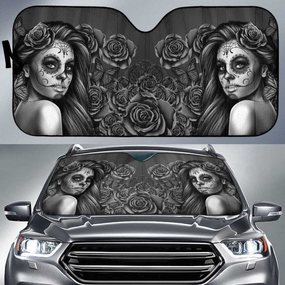 Calavera Girl - Black and White - Auto Sun Shade