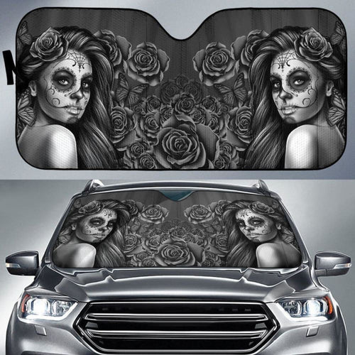 Calavera Girl - Black and White - Auto Sun Shade