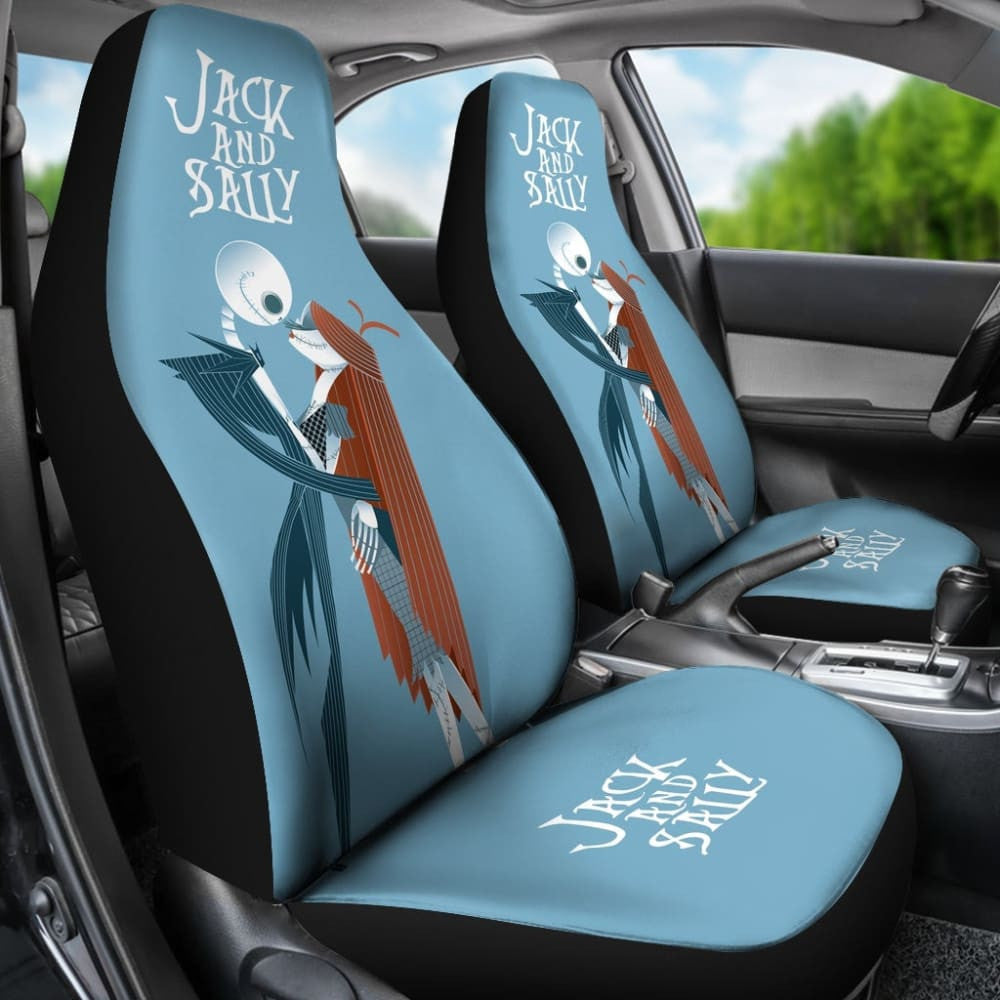 Nightmare Before Christmas Cartoon Car Seat Covers - Jack Skellington And Sally Kissing Retrowave Artwork Seat Covers