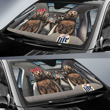 Family Bear Drink Beer Miller Lite Car Sun Shade Funny