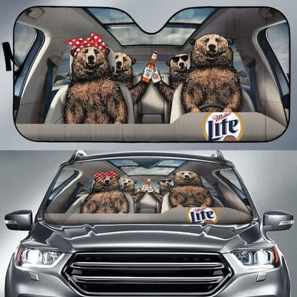 Family Bear Drink Beer Miller Lite Car Sun Shade Funny