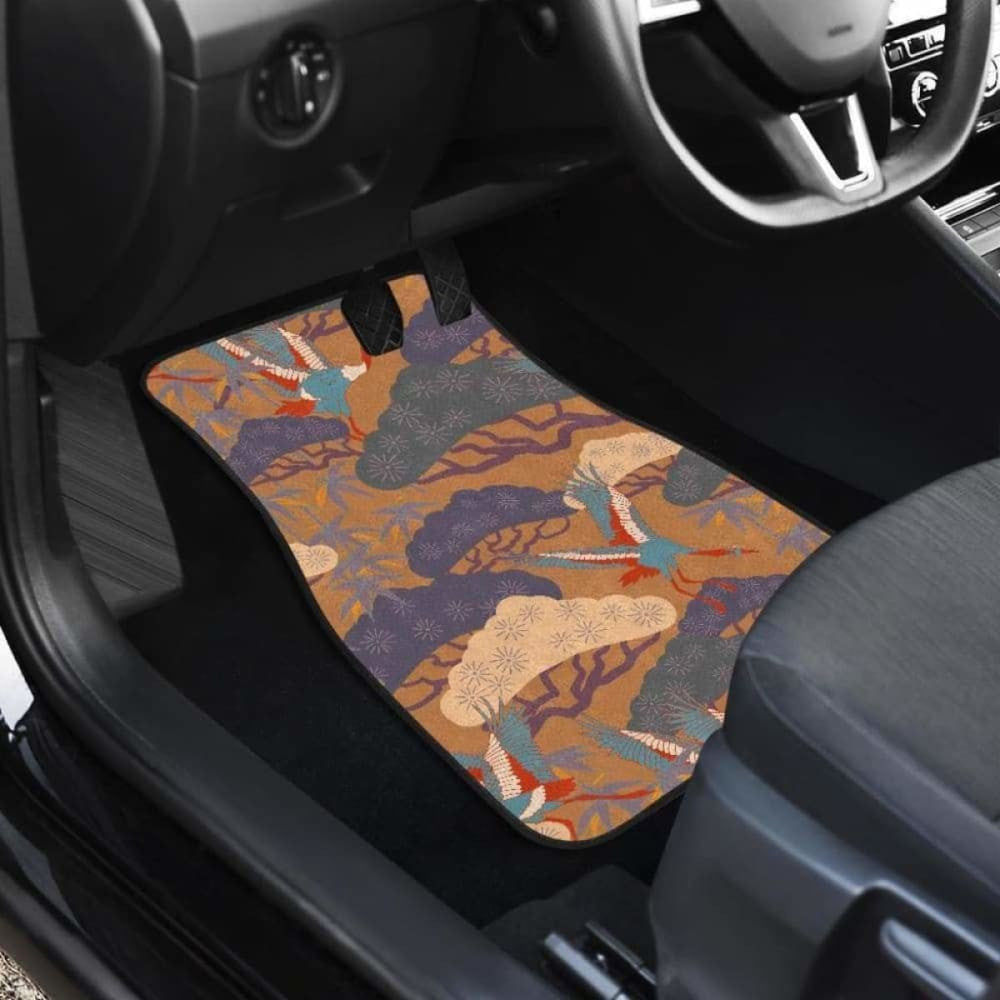 Bonsai Bamboo Stork Japanese Pattern Brown Theme Front And Back Car Mats