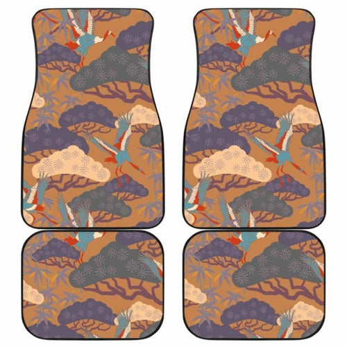 Bonsai Bamboo Stork Japanese Pattern Brown Theme Front And Back Car Mats