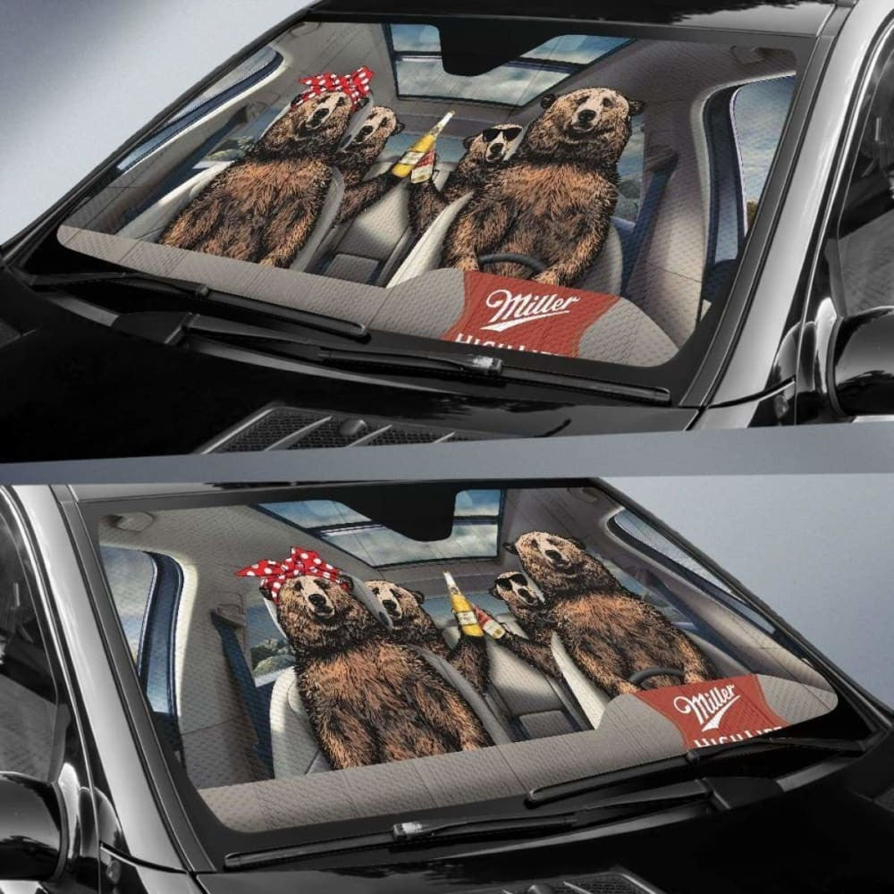 Family Bear Drink Beer Miller High Life Car Sun Shade Funny