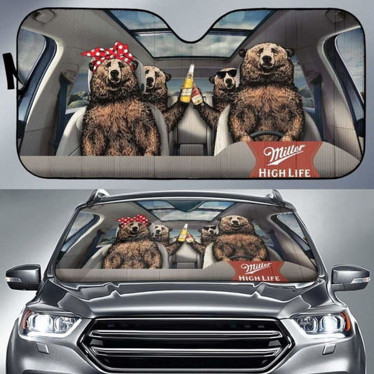 Family Bear Drink Beer Miller High Life Car Sun Shade Funny