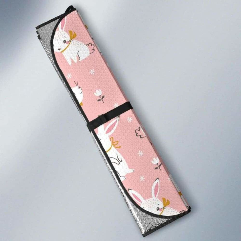 Cute White Rabbit Flower Pink Background Car Auto Sun Shades