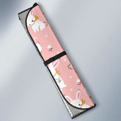 Cute White Rabbit Flower Pink Background Car Auto Sun Shades